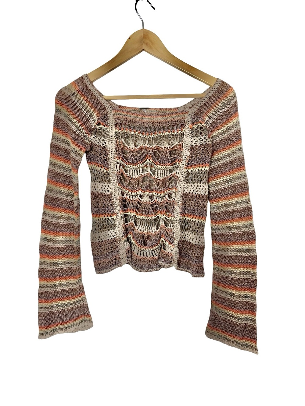 Free People Striped Crochet Open-Knit Bell Sleeve Top S/M
